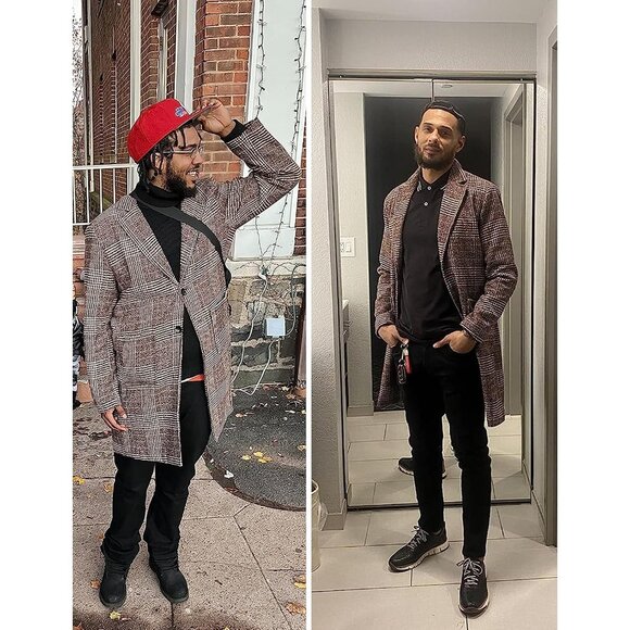 Men's Khaki Wool Blend Pea Coat Notched Collar Breasted Winter Trench Coat - Picture 3 of 8